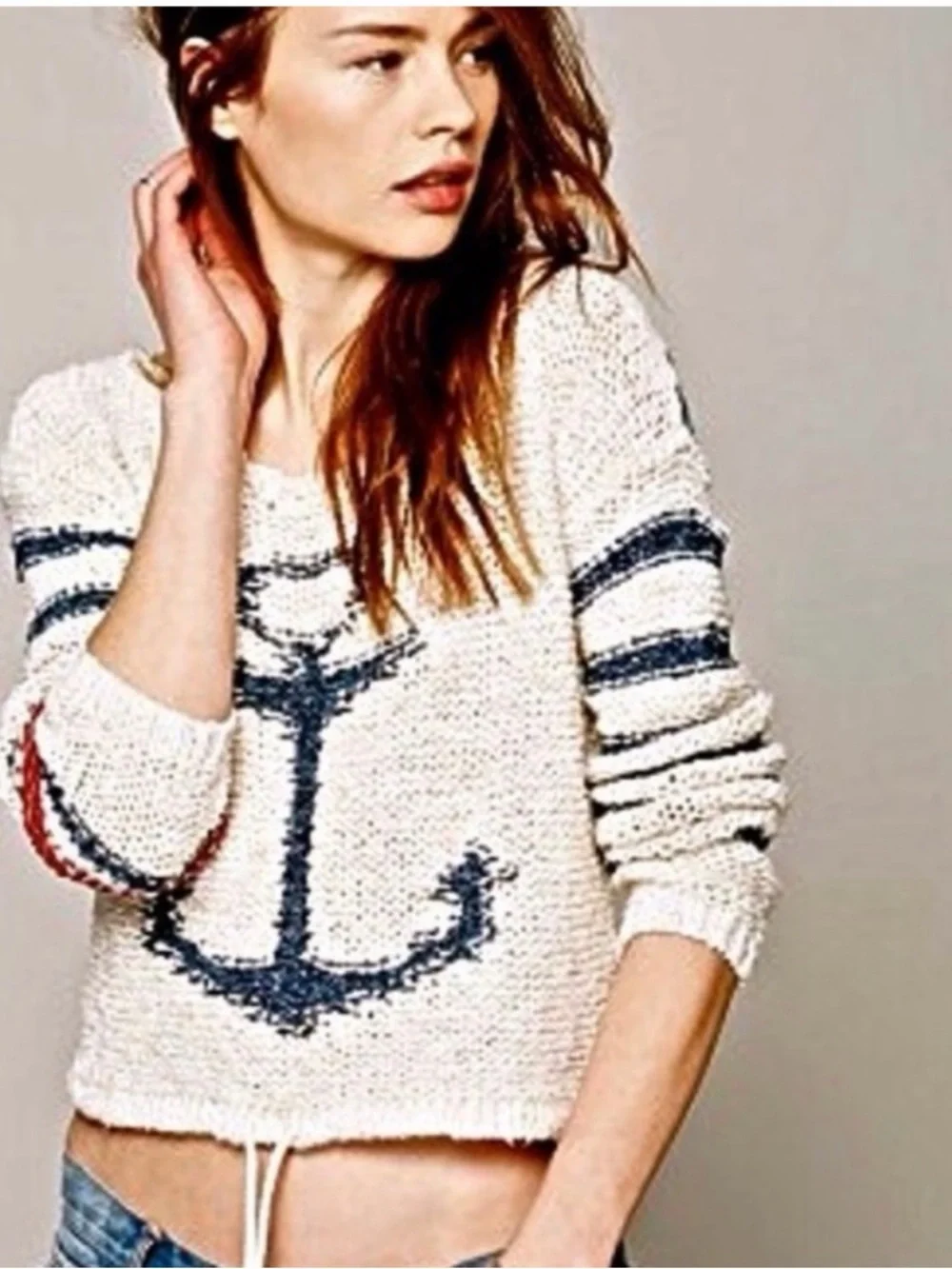Free People Nautical Anchor Knit Sweater - Cream with Navy & Red size M - Picture 2 of 6